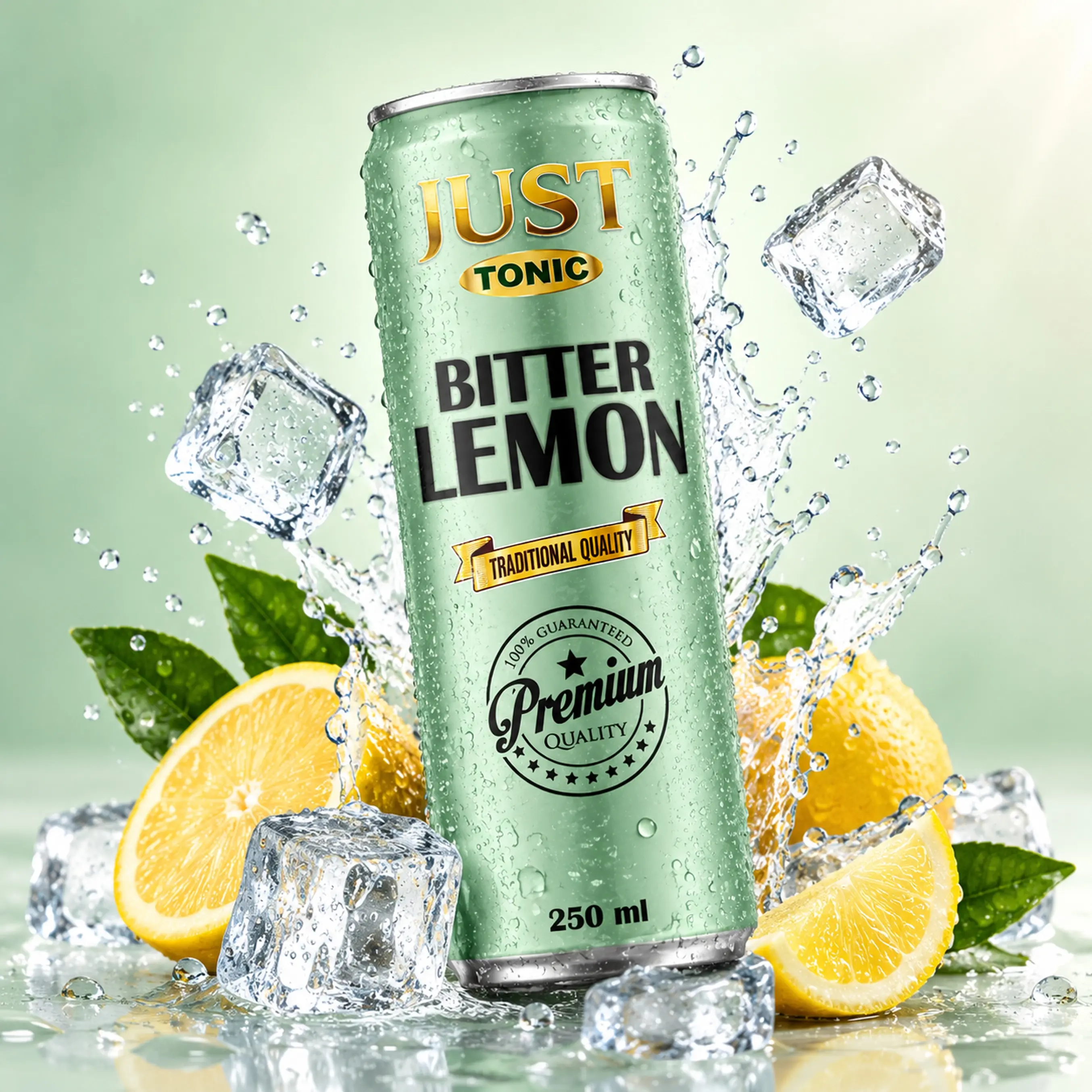 JUST Tonic Bitter Lemon 250ml can with fresh lemon slices, ice cubes, green leaves, and water splash.